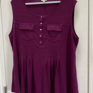Avenue Purple Tank Top with Button Detail and Front Pockets